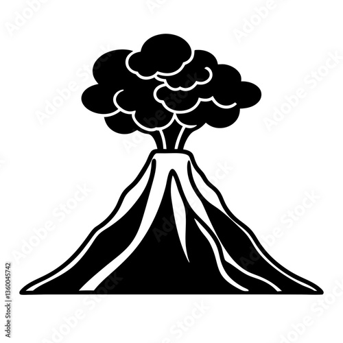 Vector illustration of a volcano with silhouettes of a man and woman in smoke surrounded by cartoon sheep, trees, and flowers, creating a fun and cute farm nature scene