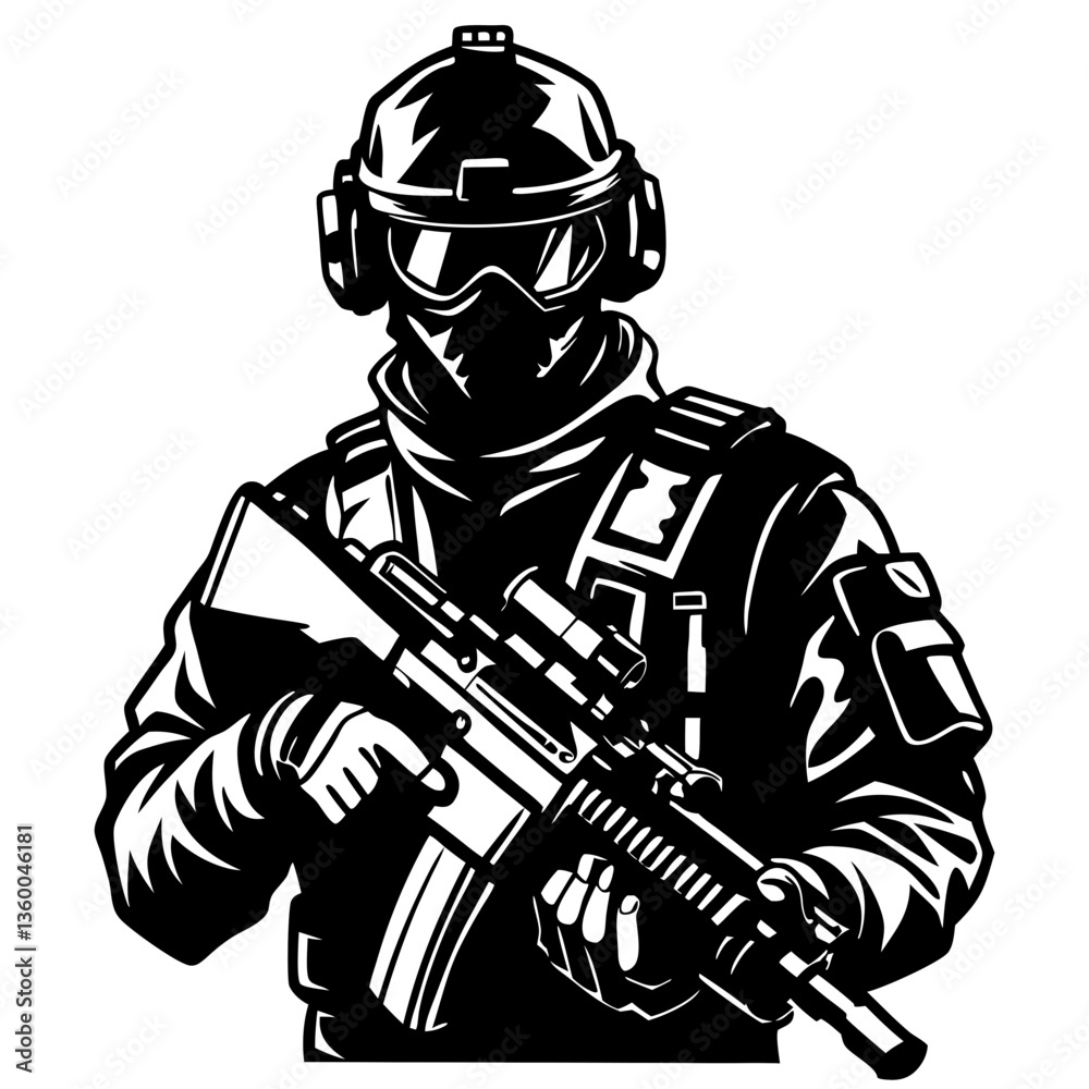 Vector illustration of a soldier in uniform with a rifle and helmet Vector illustration of a soldier in uniform with a rifle and helmet