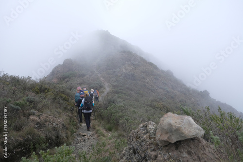 Obraz na płótnie Group of trekking people in mountains on foggy day to summit of Little Meru in Tanzania. National Park Arusha w salonie