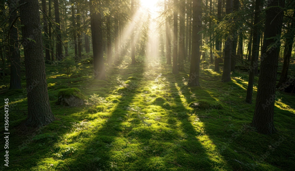 Fototapeta premium Sunlight filters through a lush green forest, creating a tranquil scene.