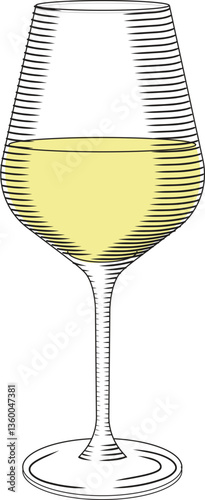 Glass with white wine color vector illustration in sketch style. Hand drawn line art of alcoholic drink for bar and menu. Visual image of tasting.