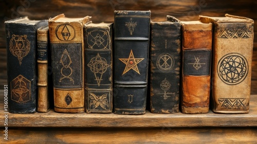 Mystical antique books on wooden shelf; occult symbols; esoteric knowledge