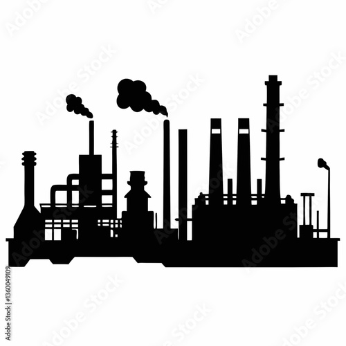 Silhouette of an industrial factory at sunset with smoke, chimneys, and buildings in the city skyline