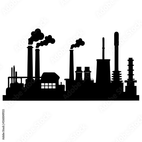 Silhouette of an industrial factory at sunset with smoke, chimneys, and buildings in the city skyline