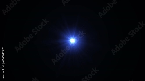 4K Looping Blue Optical Lens Flare in Center – Flickering Glow Light Rays Animation for Dynamic Screen Overlays, Bright Visual Effects, and Cinematic Lighting on a Black Background