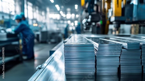 Wallpaper Mural Metal sheets are stacked neatly in a bustling factory environment where workers are performing various tasks related to production. The industrial setting reflects efficiency and teamwork Torontodigital.ca