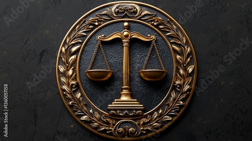 A professional and elegant logo design for a law firm, featuring a balanced scales of justice symbol within a circular badge, using gold and dark blue colors