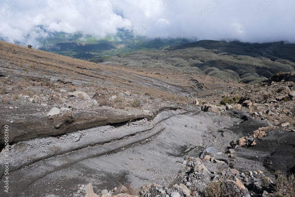 Mountain scenery while trekking Mount Meru, a volcano in Tanzania. Arusha National Park