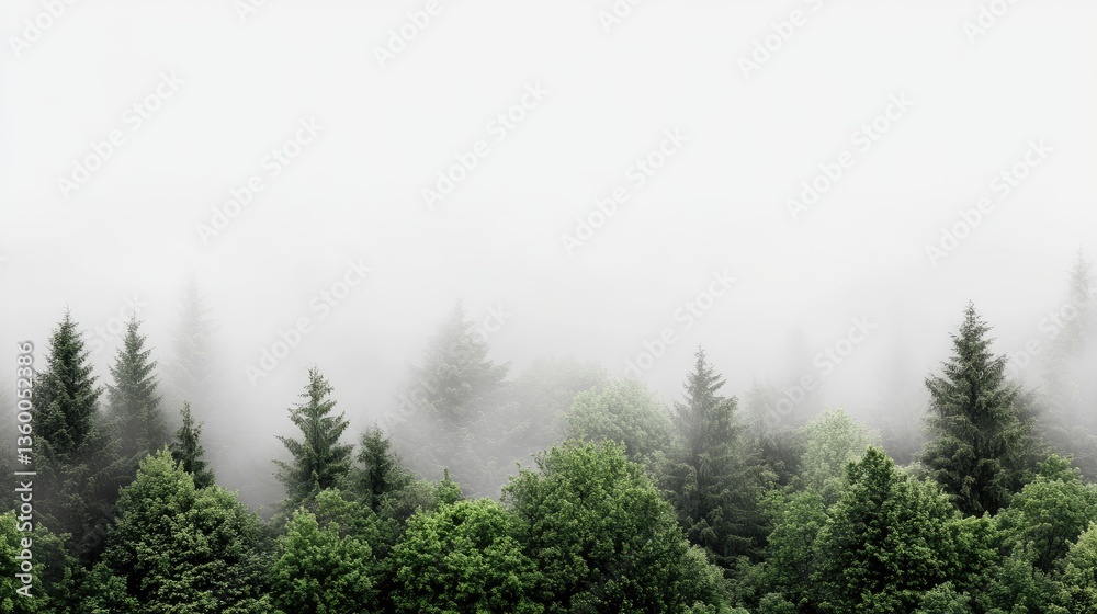Obraz premium Misty Forest Landscape with Dense Green Trees and Tranquil Atmosphere