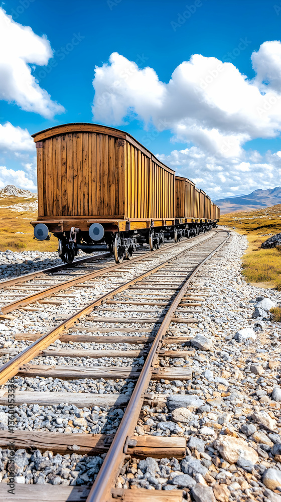 Obraz premium Wooden train cars on mountain railway, scenic background, travel poster