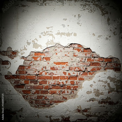 Grunge background with peeling white paint and exposed brick
