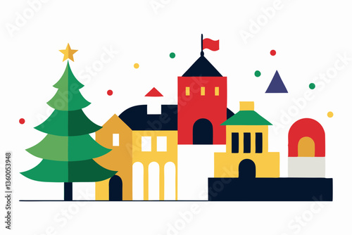 Christmas night townscape with cartoon houses and church illustration