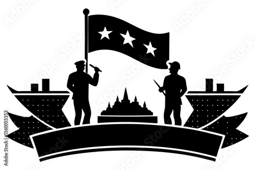 Black vector silhouette of a man with sword and flag, a nautical symbol