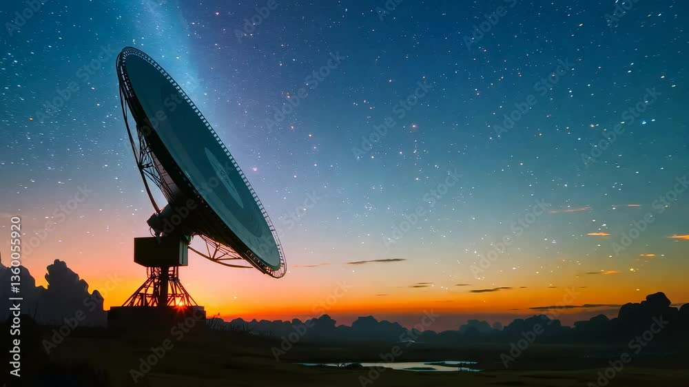 Satellite dish silhouette under starry sky during twilight with glowing horizon and cosmic atmosphere for space themes