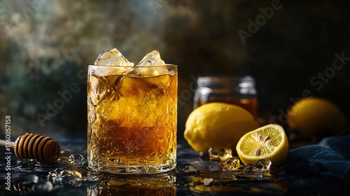 Refreshing Whiskey Sour with Ice Cubes Honey and Lemon Garnishes on a Dark Textured Background