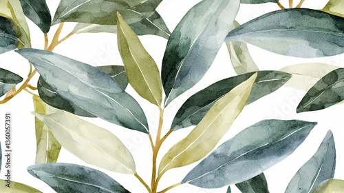 Olive branches with watercolor-style leaves on a white backdrop. Delicate hues of green, blue, & beige