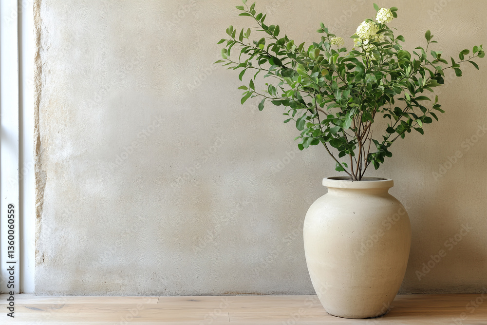 decorative vase with green plant stands against textured wall, adding touch of nature to interior space. soft colors create calming atmosphere decorative vase with green plant stands against textured wall, adding touch of nature to interior space. soft colors create calming atmosphere