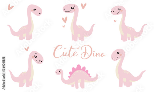 Adorable pink dinosaur clipart set – Cute dino illustrations with hearts and pastel colors. Perfect for baby shower invitations, nursery decor, birthday cards, kids' prints, scrapbooking, and digital 