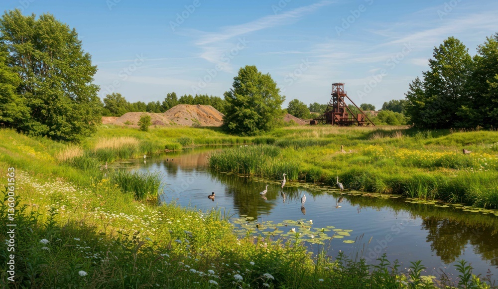 Picturesque scene featuring herons in a river with a historic mine tower. Picturesque scene featuring herons in a river with a historic mine tower.