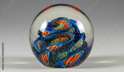 Close-up of a colorful, glass paperweight with intricate interior design.