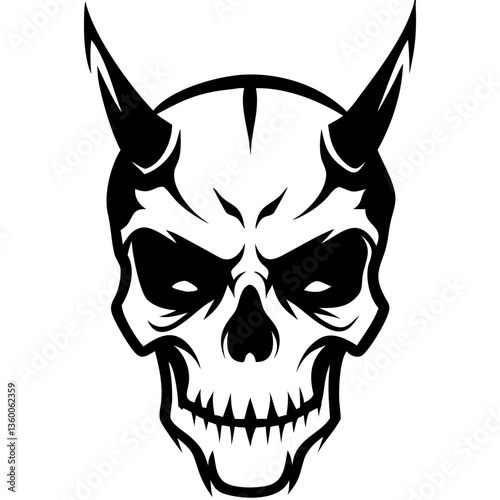 A menacing skull illustration with horns, a symbol of darkness and the macabre. The skull features prominent horns and a sinister expression, conveying a sense of threat and the unknown.