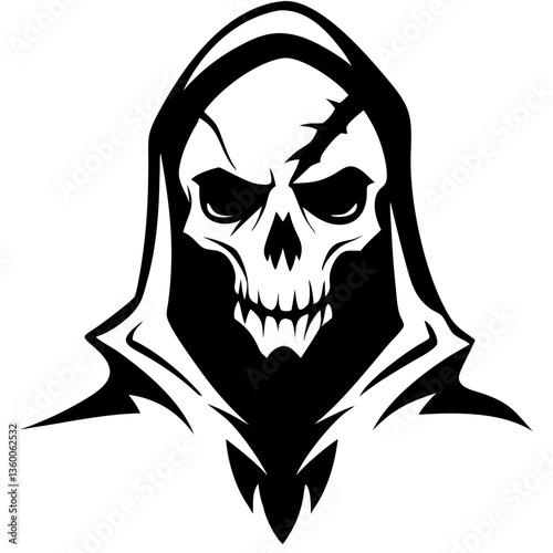 A menacing skull wearing a hooded cloak, depicted in stark black and white, creating a chilling and eerie aesthetic