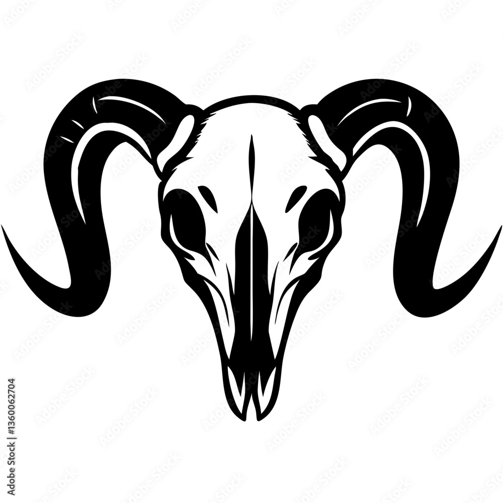 skull with horns illustrated in a stark black and white palette, exuding a bold and edgy aesthetic 