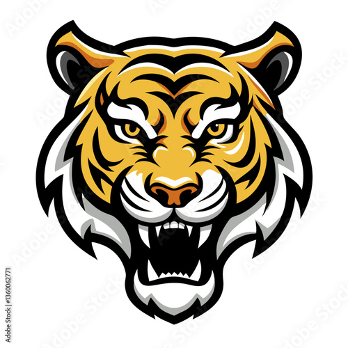 a fierce tiger's face with an open mouth. The tiger's expression conveys strength and power. This vector art evokes a sense of primal energy 