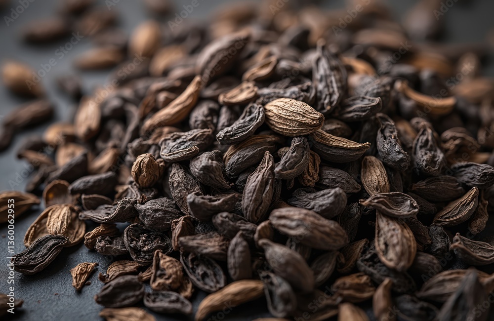 Close-up of black cardamom spice seeds. Aromatic pods pile for cooking, tea, herbal remedies, and wellness. Organic, natural food ingredient for healthy lifestyle. Close-up of black cardamom spice seeds. Aromatic pods pile for cooking, tea, herbal remedies, and wellness. Organic, natural food ingredient for healthy lifestyle.