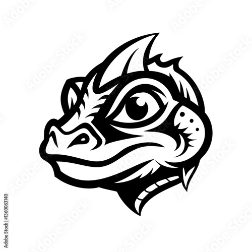 a striking black and white illustration of a lizard's head, showcasing its unique features and intense gaze