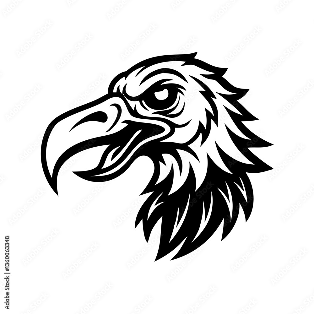 Fototapeta premium Eagle head vector illustration, fierce bird of prey head, strong eagle head mascot, black and white eagle head, eagle head logo, vector eagle head design, eagle head graphic, eagle head icon