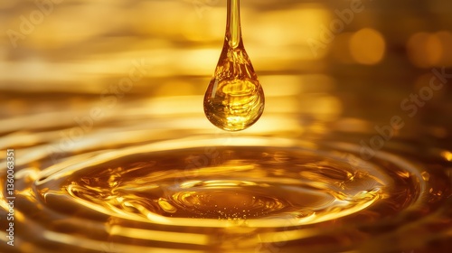 A golden oil drop creating ripples in a glowing liquid surface.