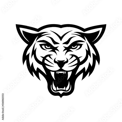 fierce wildcat head, roaring, black and white illustration. The image conveys strength and power, perfect for representing an aggressive and dominant nature