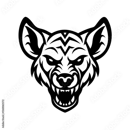 A striking black and white illustration of a hyena with a menacing expression, its teeth bared