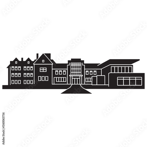 School building silhouette vector Black, university icon symbol. with white background