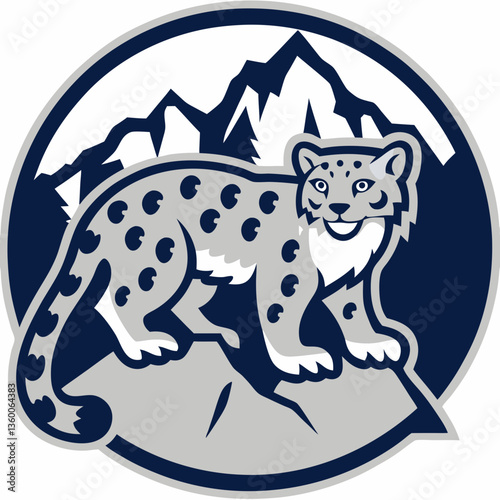A majestic snow leopard poised gracefully, set against a backdrop of towering mountains. It is a symbol of strength and serenity