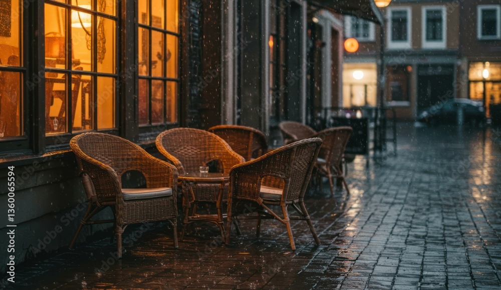 Naklejka premium Rainy outdoor seating scene with empty wicker chairs and wet cobblestone.