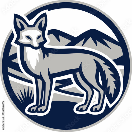 a majestic illustration of a coyote standing in a mountain scene