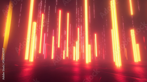 A 3D-rendered virtual reality scene with vertically glowing neon lights in a red-yellow spectrum, forming a dynamic abstract background