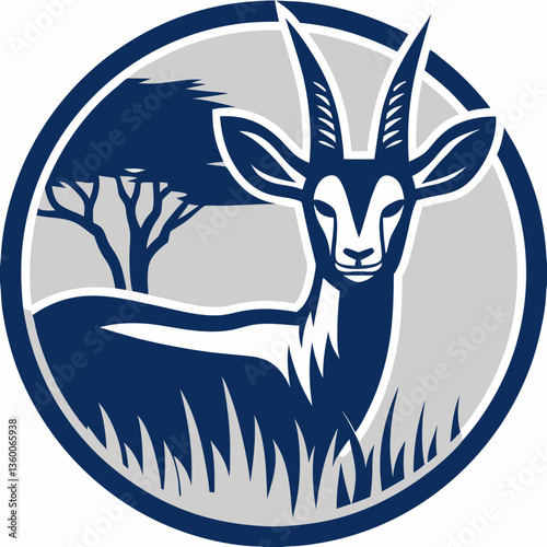 a sable antelope in a circular emblem, surrounded by African savanna grassland and a tree. The antelope is depicted in a stylized manner, with bold lines and dark blue color. 