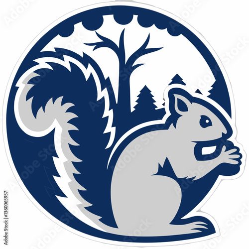 an illustration of a squirrel with a tree and woodland in a circular frame. The squirrel is the central focus, holding a nut and looking playful