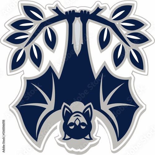 An artistic illustration of a bat hanging upside down from a tree branch with an elegant design and details.
