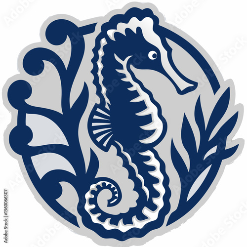 Elegant seahorse illustration in a circle with seaweeds and plant elements, simple, and modern 