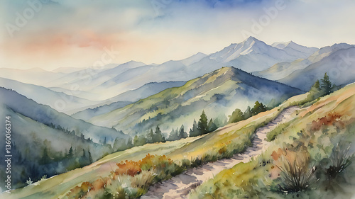 Misty Mountain Trail — Watercolor Landscape Painting