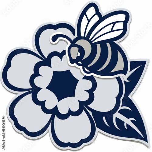 A bee pollinating a flower. The bee is grey and the flower is light grey and dark blue.  