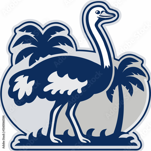 An ostrich standing proudly with its head held high, set against the backdrop of a tropical landscape. It embodies a sense of grace and resilience. 