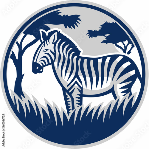 a zebra standing calmly in tall grass, showcasing its distinctive stripes within a circular frame
