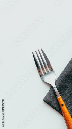 Silver fork with wooden handle on gray napkin