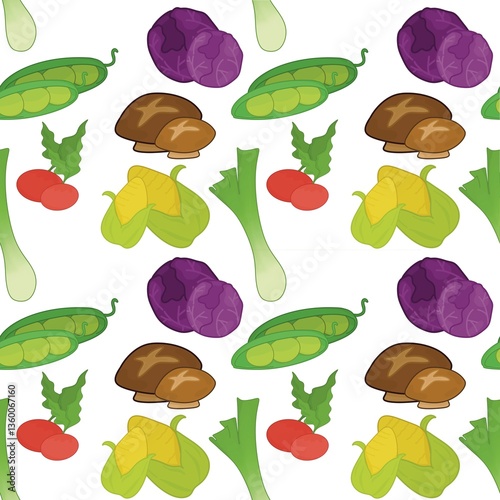 Seamless pattern of vegetables with colorful and white background. Hand drawn and available for print