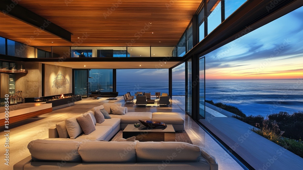 Fototapeta premium Modern coastal living room with panoramic ocean view at sunset, showcasing elegant furniture and serene atmosphere
